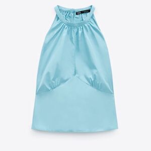 Zara Halter Bow Tie Back Powder Blue Front Slit Top Size Small